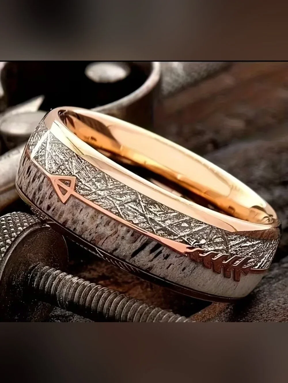 NEW ROSE GOLD MENS STAINLESS STEEL ARROW RING